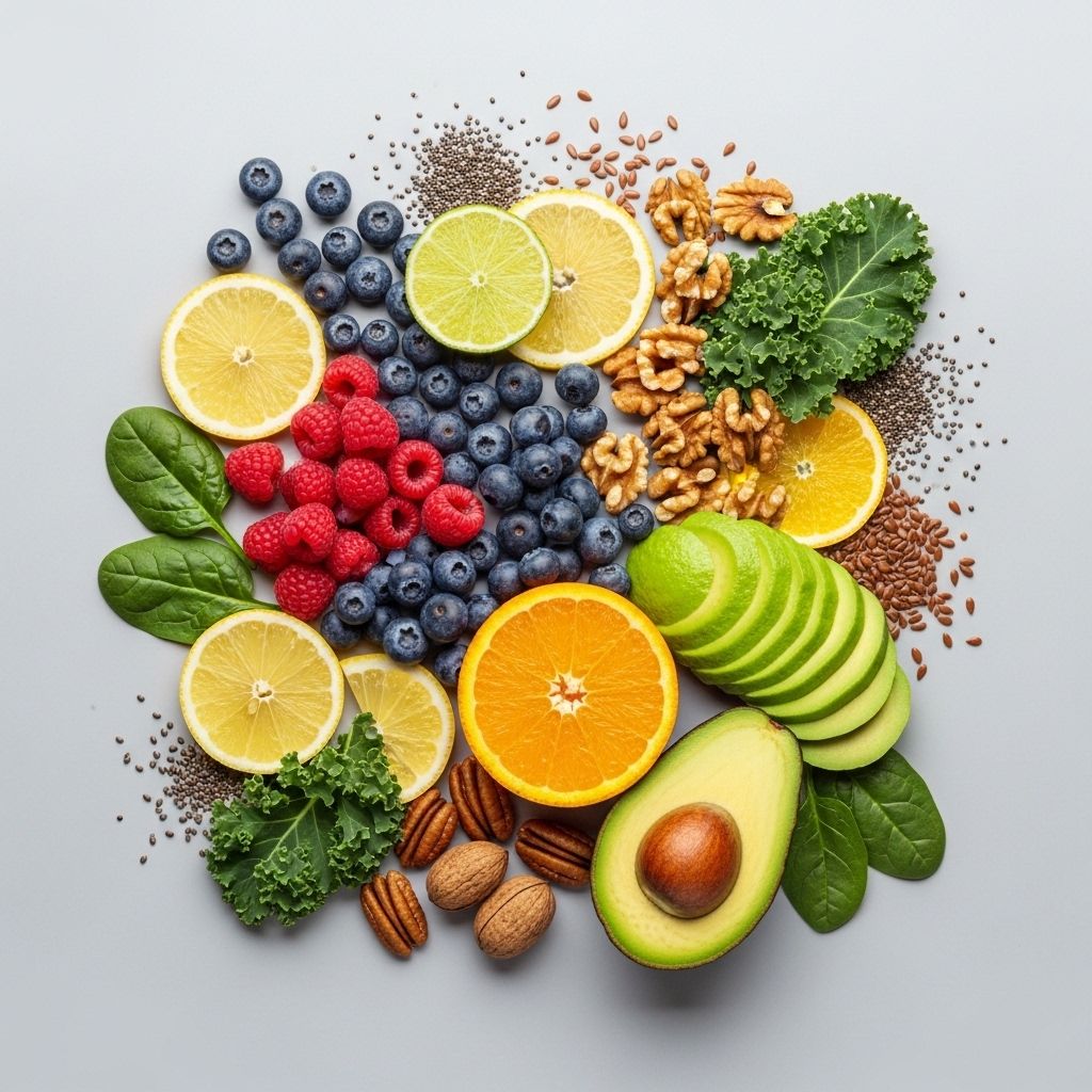 Artistic flat-lay arrangement of colorful whole foods including berries, citrus slices, walnuts, leafy greens, seeds, and avocado on a light grey surface